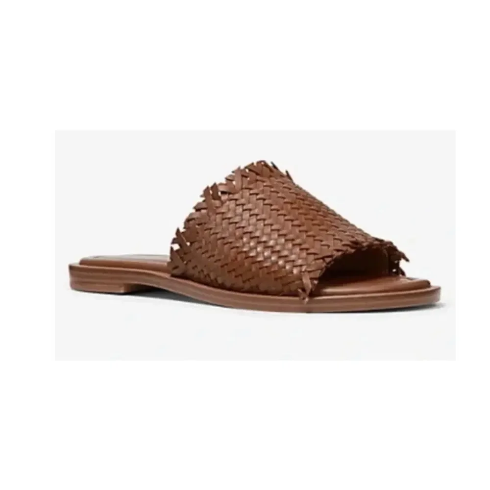 Michael Kors Dee Woven Leather Brown Slide Sandals Size 8